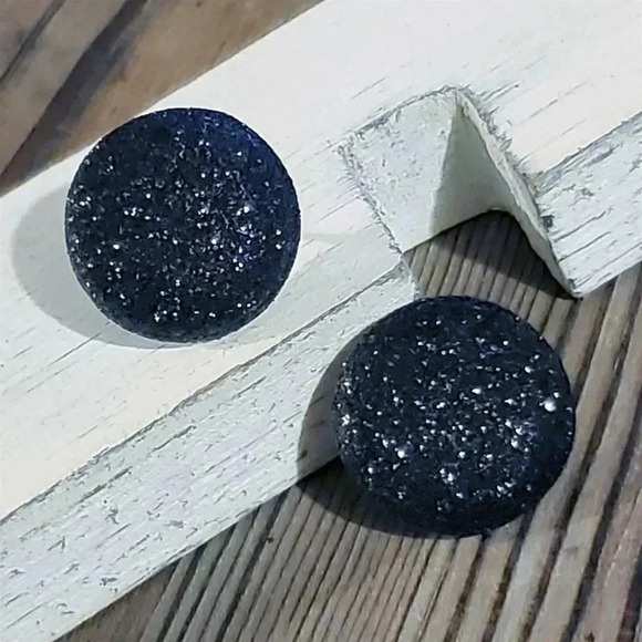 Retro 80s Club Glam Disco Sparkly Jet Black Fabric Button Earrings - Picture 8 of 8